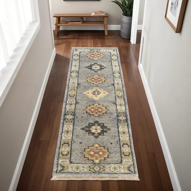 8' Blue Taupe And Gray Geometric Hand Knotted Runner Rug With Fringe