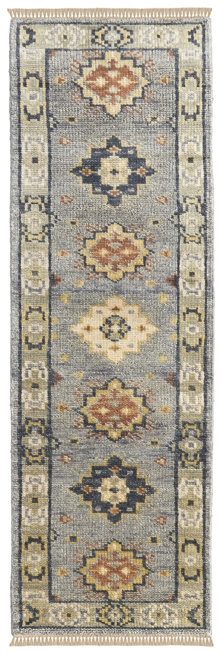 8' Blue Taupe And Gray Geometric Hand Knotted Runner Rug With Fringe
