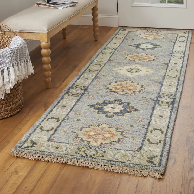 8' Blue Taupe And Gray Geometric Hand Knotted Runner Rug With Fringe