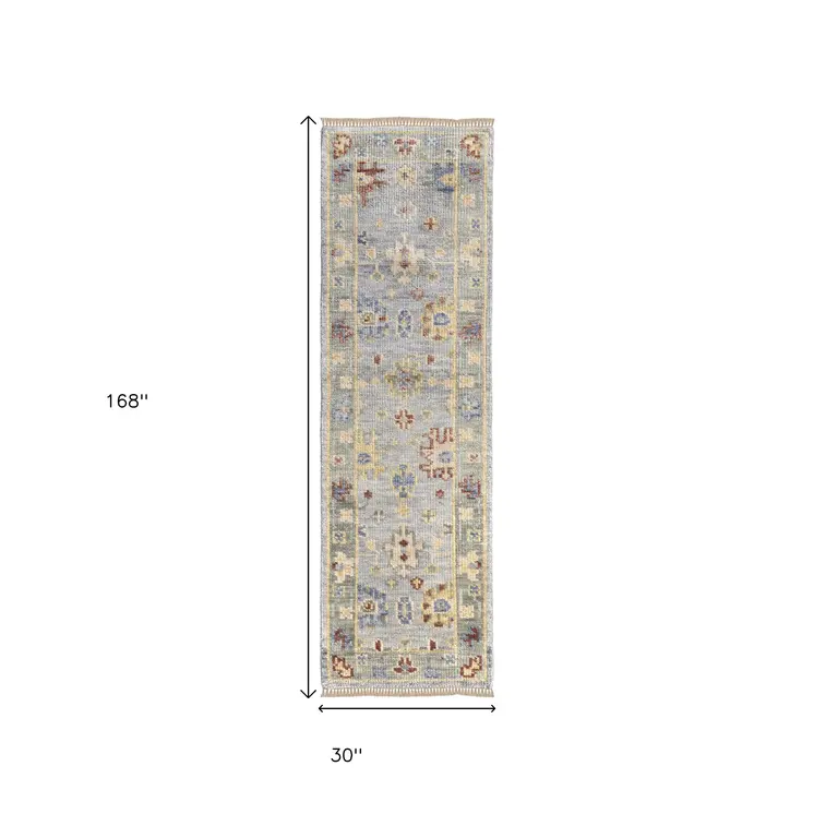 14' Blue Taupe And Gray Floral Hand Knotted Runner Rug With Fringe