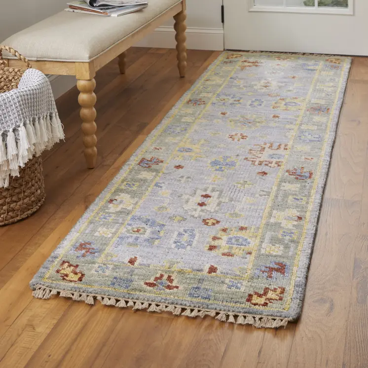 14' Blue Taupe And Gray Floral Hand Knotted Runner Rug With Fringe