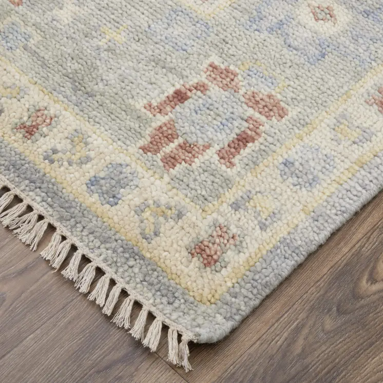 14' Blue Taupe And Gray Floral Hand Knotted Runner Rug With Fringe