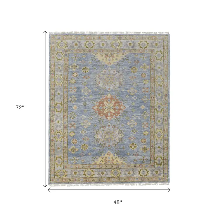 4' X 6' Blue Green And Yellow Geometric Hand Knotted Area Rug With Fringe