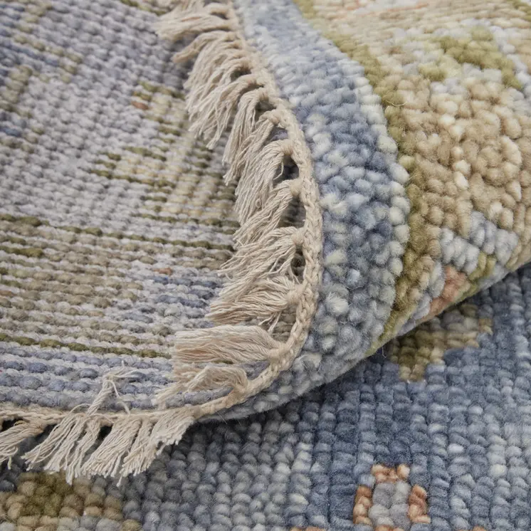 4' X 6' Blue Green And Yellow Geometric Hand Knotted Area Rug With Fringe