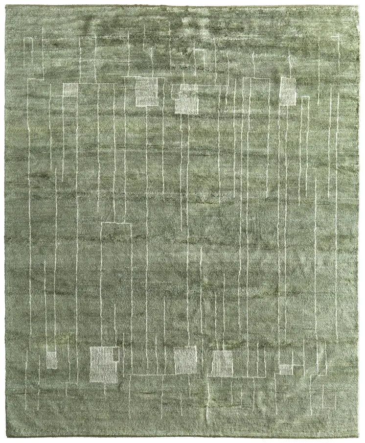 8' X 10' Green And Ivory Abstract Hand Knotted Area Rug