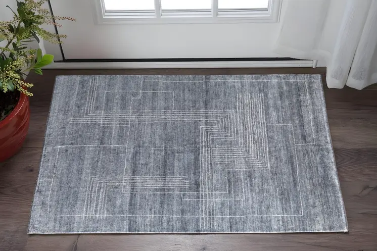 8' X 10' Gray And Ivory Abstract Hand Knotted Distressed Area Rug
