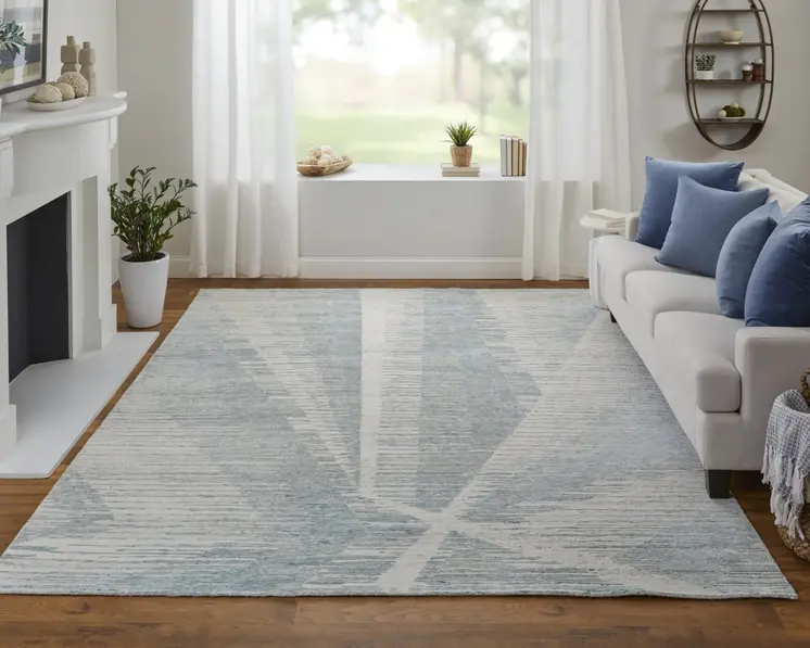 8' X 12' Blue Ivory And Silver Abstract Hand Knotted Distressed Area Rug