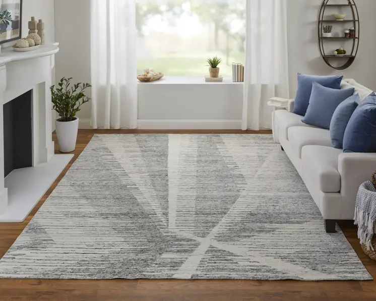 8' X 12' Ivory And Gray Abstract Hand Knotted Distressed Area Rug