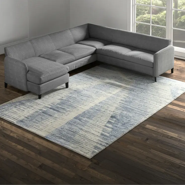 8' X 12' Ivory Blue And Silver Abstract Hand Knotted Distressed Area Rug