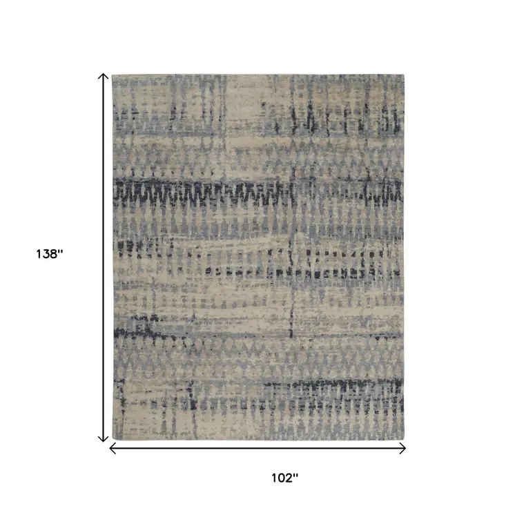 8' X 12' Blue And Tan Abstract Hand Knotted Area Rug