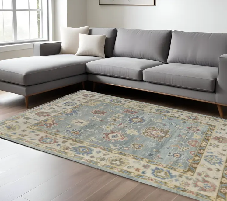 9' X 12' Blue Ivory And Yellow Floral Hand Knotted Area Rug With Fringe