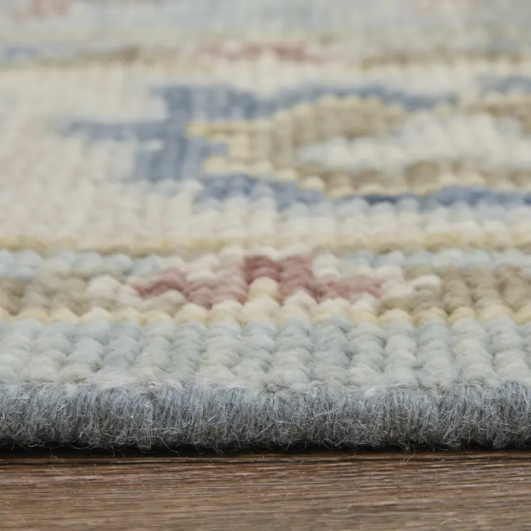 9' X 12' Blue Ivory And Yellow Floral Hand Knotted Area Rug With Fringe