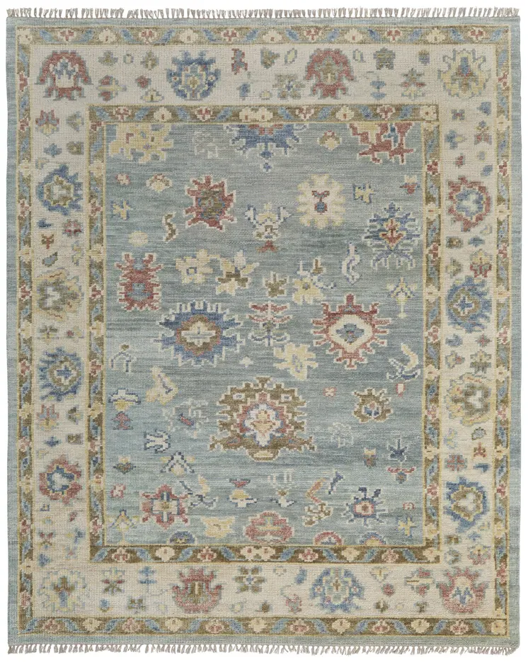 9' X 12' Blue Ivory And Yellow Floral Hand Knotted Area Rug With Fringe