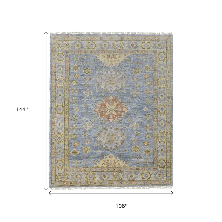 9' X 12' Blue Green And Yellow Geometric Hand Knotted Area Rug With Fringe