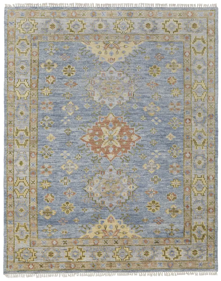 9' X 12' Blue Green And Yellow Geometric Hand Knotted Area Rug With Fringe
