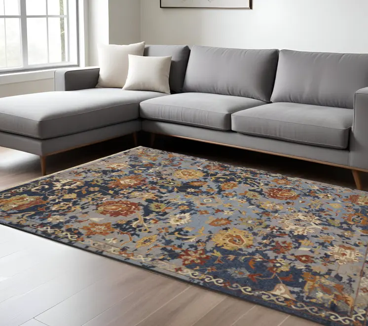 9' X 13' Blue Orange And Red Floral Hand Knotted Area Rug With Fringe