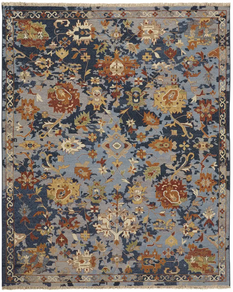 9' X 13' Blue Orange And Red Floral Hand Knotted Area Rug With Fringe