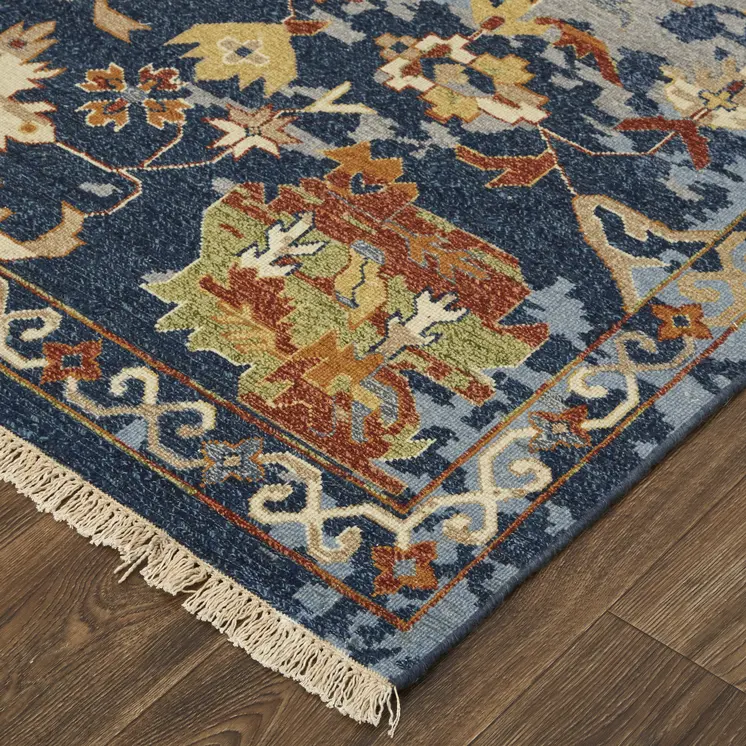 9' X 13' Blue Orange And Red Floral Hand Knotted Area Rug With Fringe