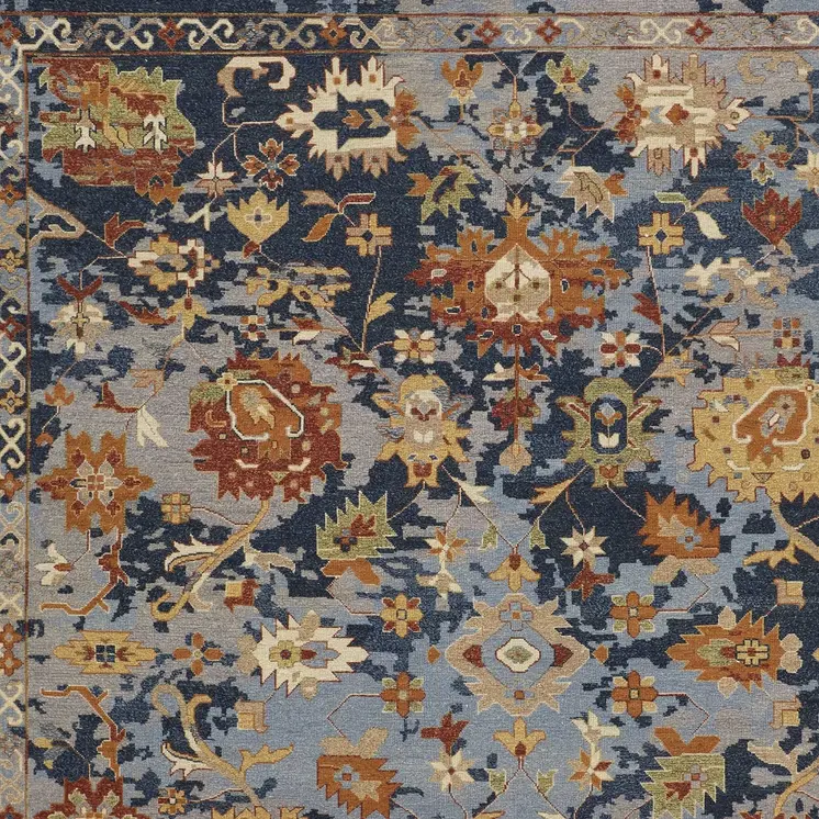 9' X 13' Blue Orange And Red Floral Hand Knotted Area Rug With Fringe