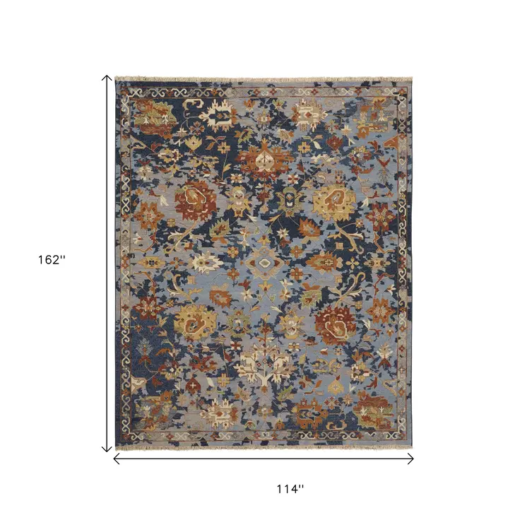 9' X 13' Blue Orange And Red Floral Hand Knotted Area Rug With Fringe