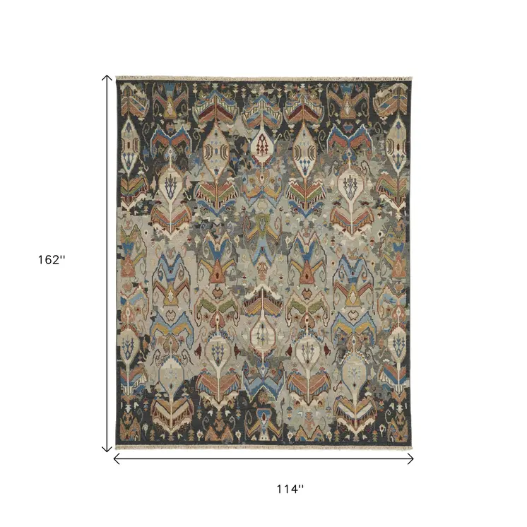 9' X 13' Taupe Tan And Orange Ikat Hand Knotted Area Rug With Fringe