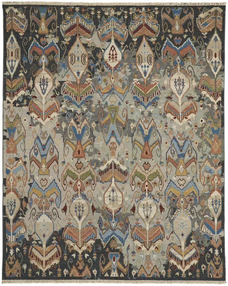 9' X 13' Taupe Tan And Orange Ikat Hand Knotted Area Rug With Fringe
