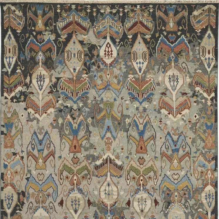 9' X 13' Taupe Tan And Orange Ikat Hand Knotted Area Rug With Fringe