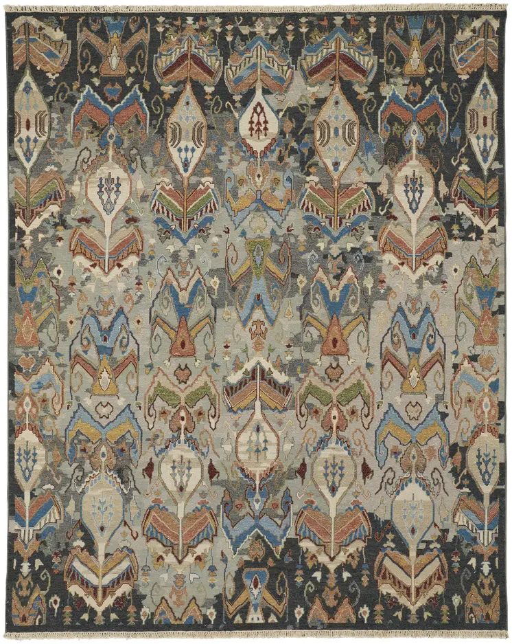 9' X 13' Taupe Tan And Orange Ikat Hand Knotted Area Rug With Fringe