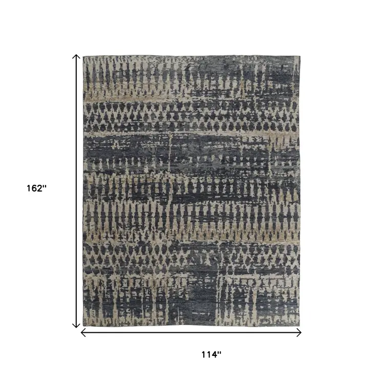 9' X 13' Blue Gray And Tan Abstract Hand Knotted Area Rug