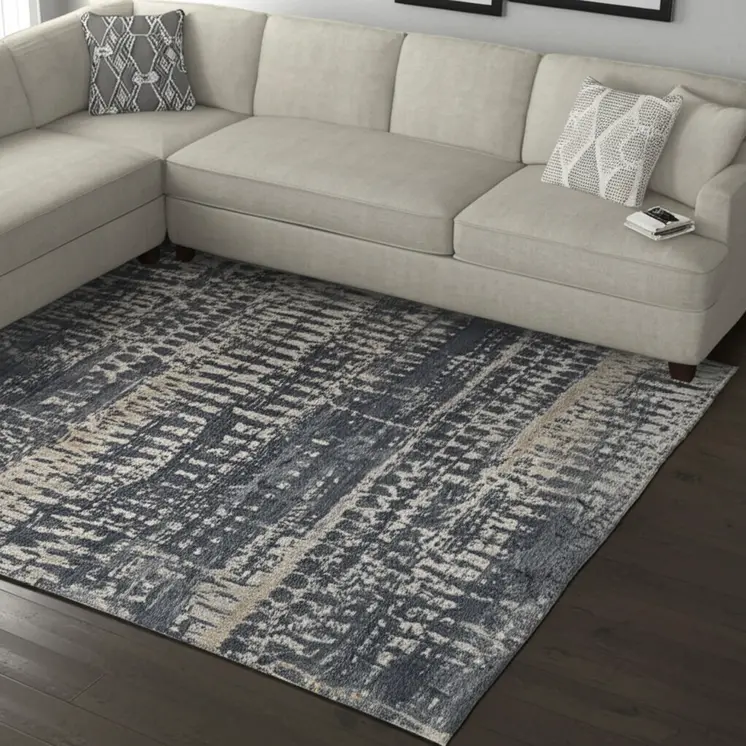9' X 13' Blue Gray And Tan Abstract Hand Knotted Area Rug