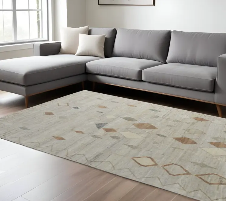 9' X 13' Tan Orange And Gray Moroccan Hand Knotted Area Rug