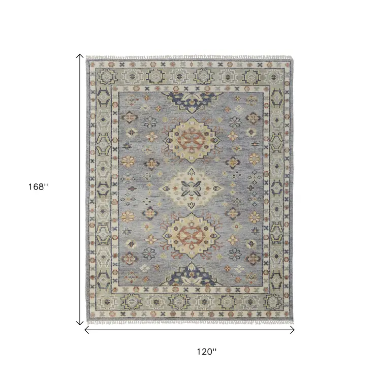 10' X 14' Blue Taupe And Gray Geometric Hand Knotted Area Rug With Fringe