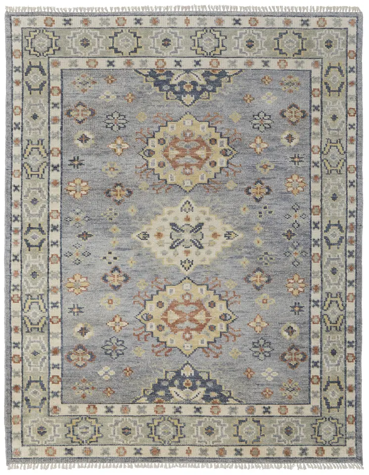 10' X 14' Blue Taupe And Gray Geometric Hand Knotted Area Rug With Fringe