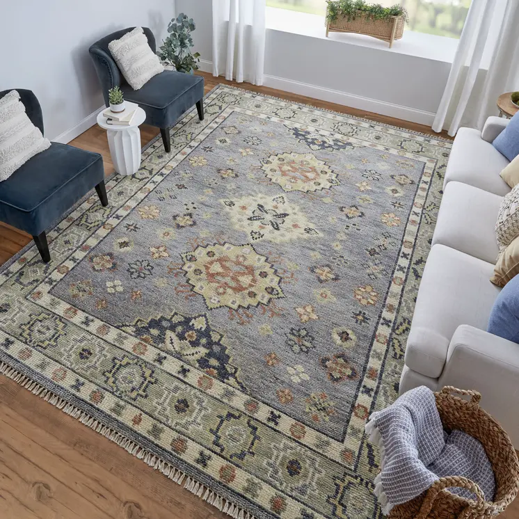 10' X 14' Blue Taupe And Gray Geometric Hand Knotted Area Rug With Fringe