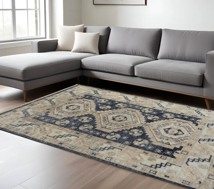 10' X 14' Blue And Ivory Geometric Hand Knotted Area Rug With Fringe