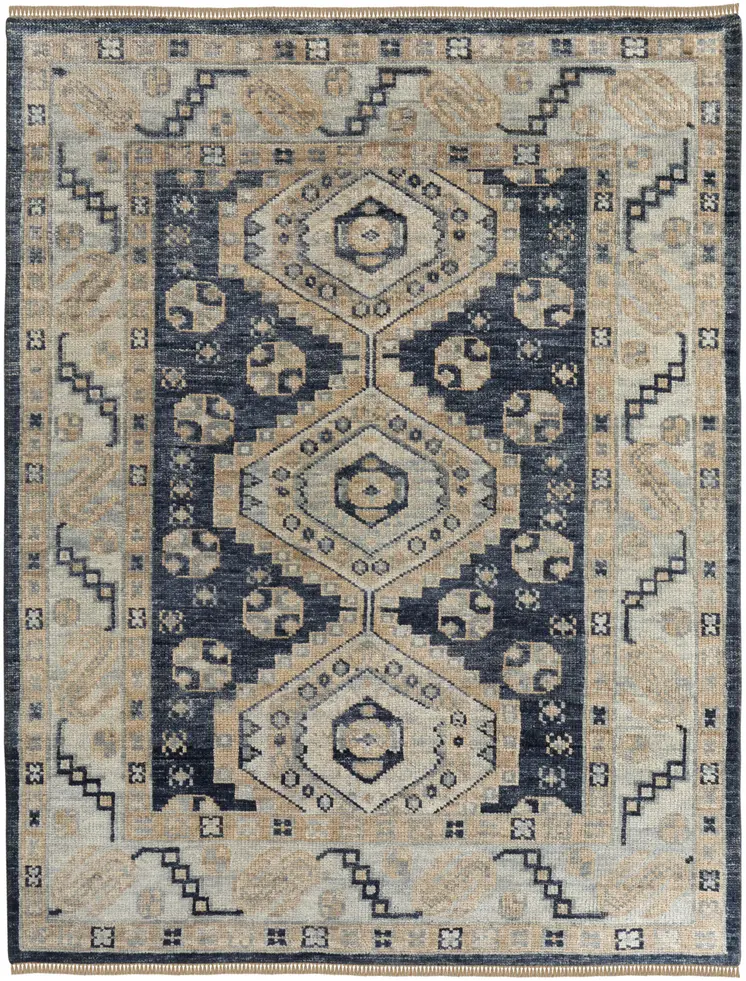 10' X 14' Blue And Ivory Geometric Hand Knotted Area Rug With Fringe
