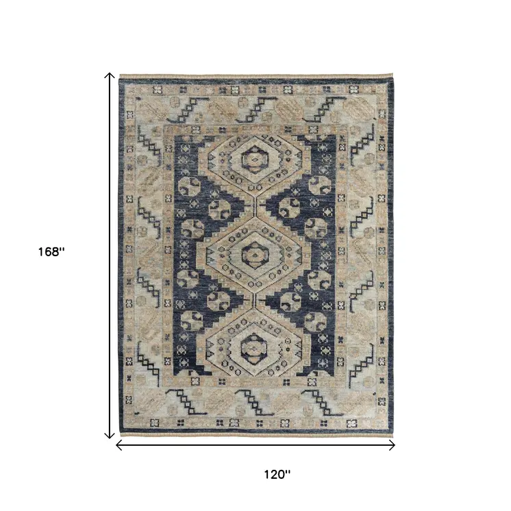 10' X 14' Blue And Ivory Geometric Hand Knotted Area Rug With Fringe