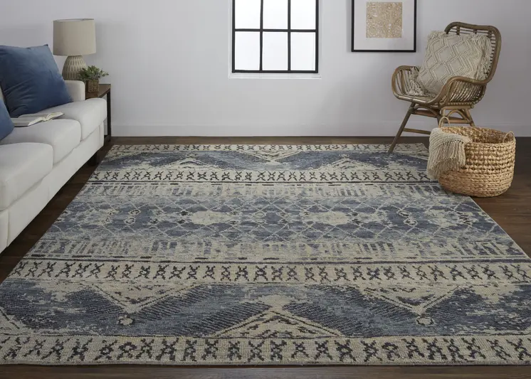 12' X 15' Blue Gray And Ivory Floral Hand Knotted Area Rug