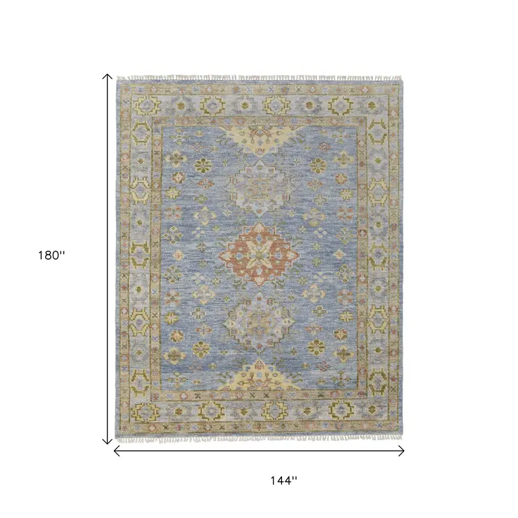 12' X 15' Blue Green And Yellow Geometric Hand Knotted Area Rug With Fringe