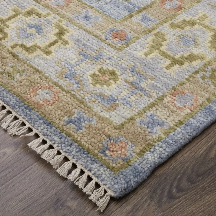 12' X 15' Blue Green And Yellow Geometric Hand Knotted Area Rug With Fringe