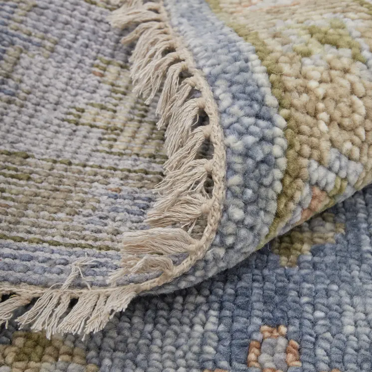 12' X 15' Blue Green And Yellow Geometric Hand Knotted Area Rug With Fringe