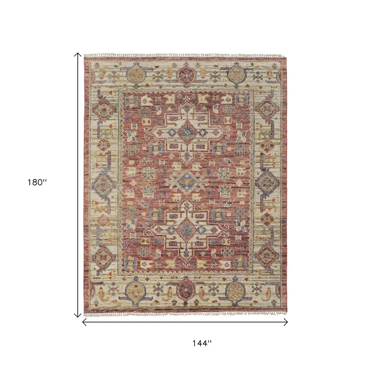 12' X 15' Red Ivory And Gold Oriental Hand Knotted Area Rug With Fringe