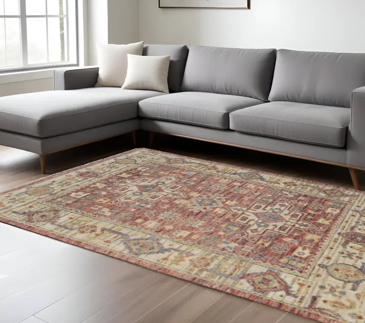 12' X 15' Red Ivory And Gold Oriental Hand Knotted Area Rug With Fringe
