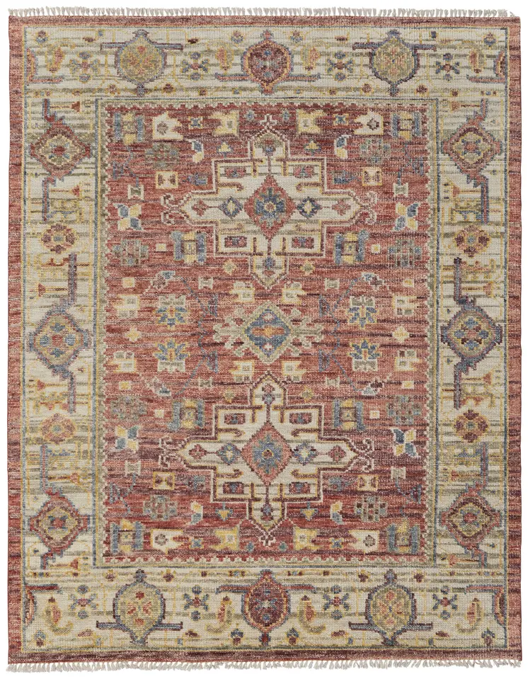 12' X 15' Red Ivory And Gold Oriental Hand Knotted Area Rug With Fringe