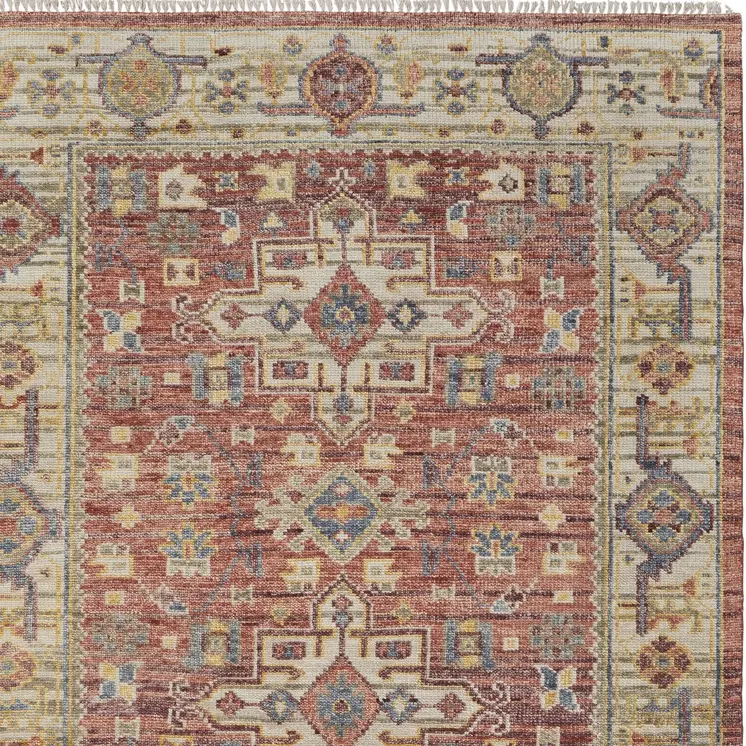 12' X 15' Red Ivory And Gold Oriental Hand Knotted Area Rug With Fringe