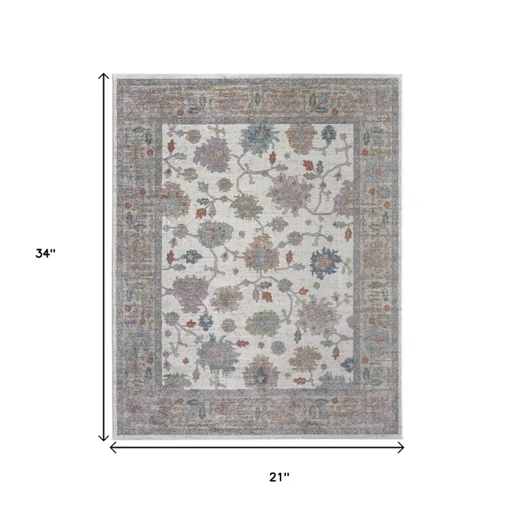 2' X 3' Ivory Brown And Blue Floral Distressed Area Rug