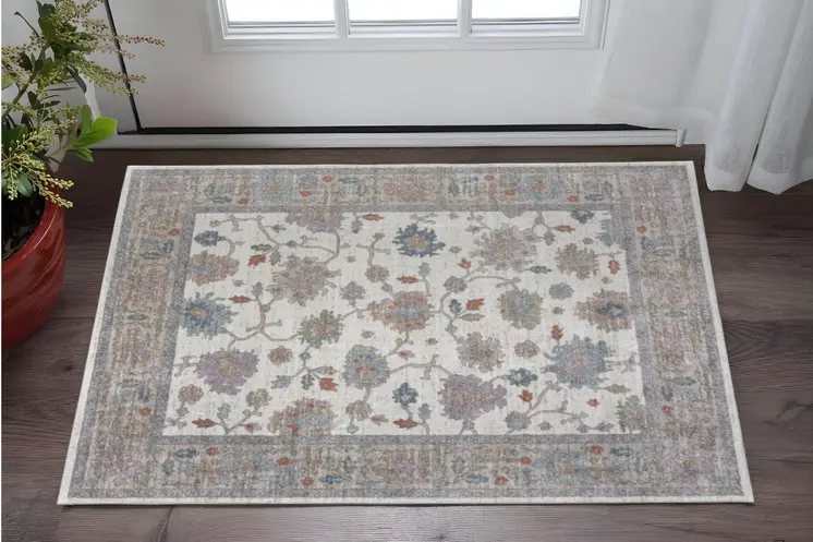 2' X 3' Ivory Brown And Blue Floral Distressed Area Rug