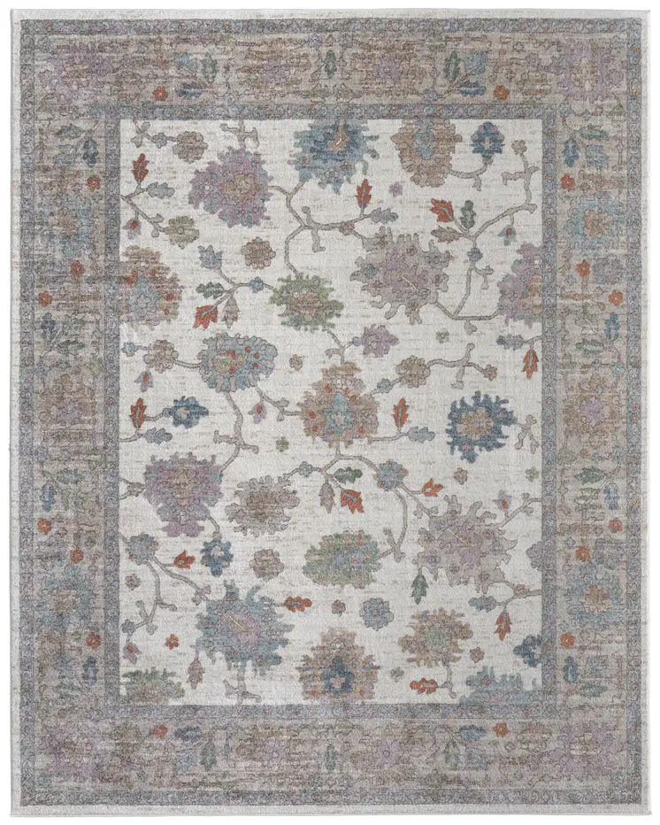 2' X 3' Ivory Brown And Blue Floral Distressed Area Rug