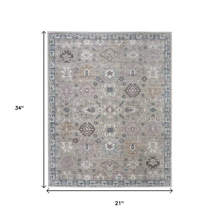 2' X 3' Gray Blue And Taupe Floral Distressed Area Rug