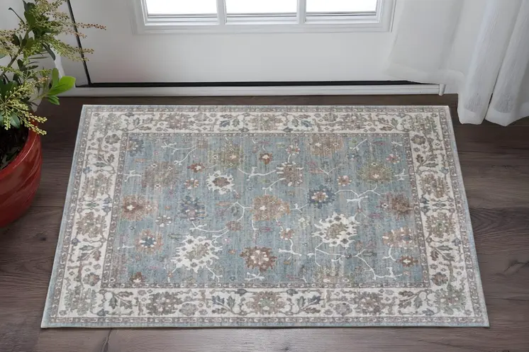 2' X 3' Blue Ivory And Brown Floral Distressed Area Rug